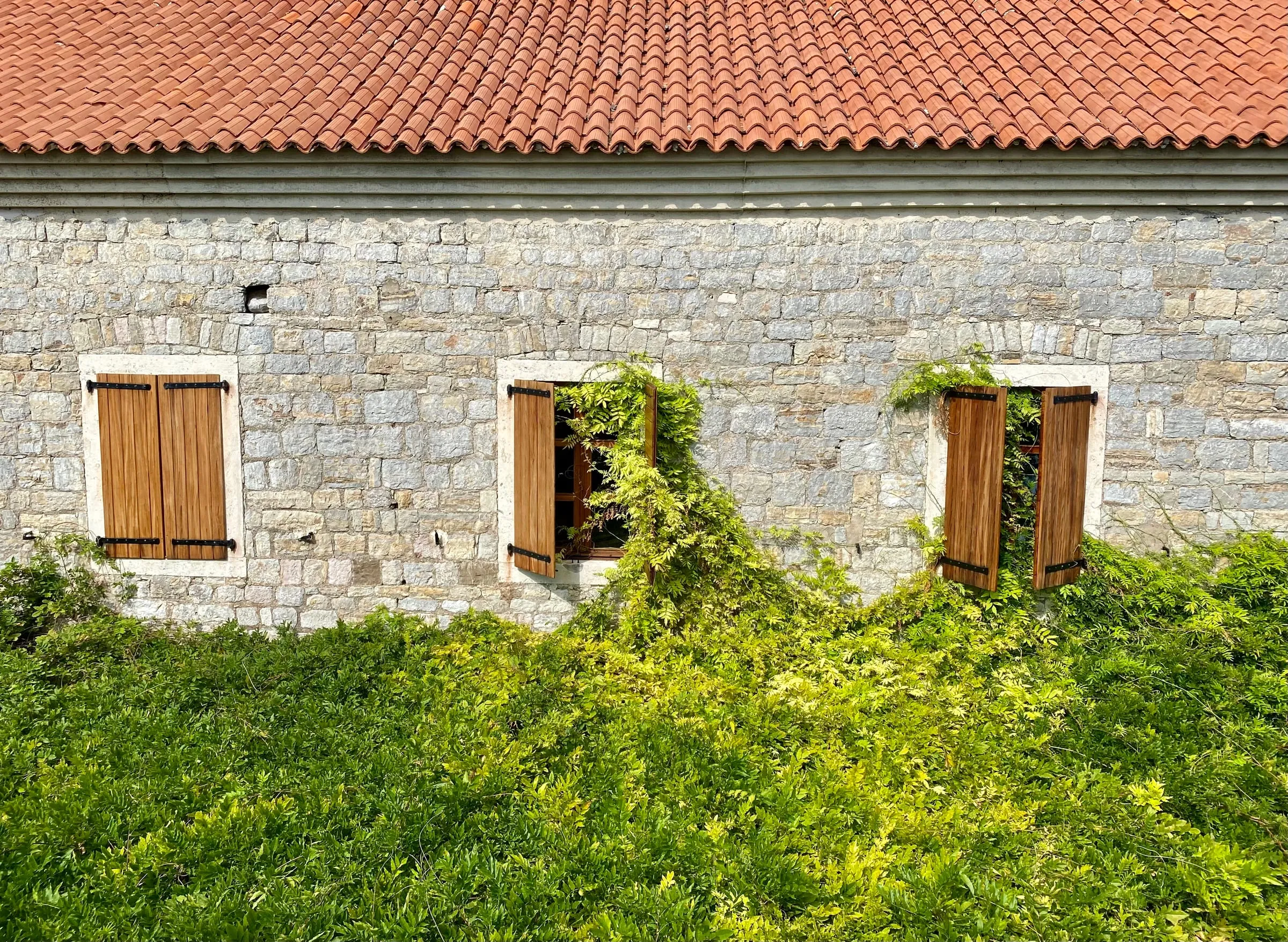 Fachada de una casa de piedra con contraventanas de madera y vegetación