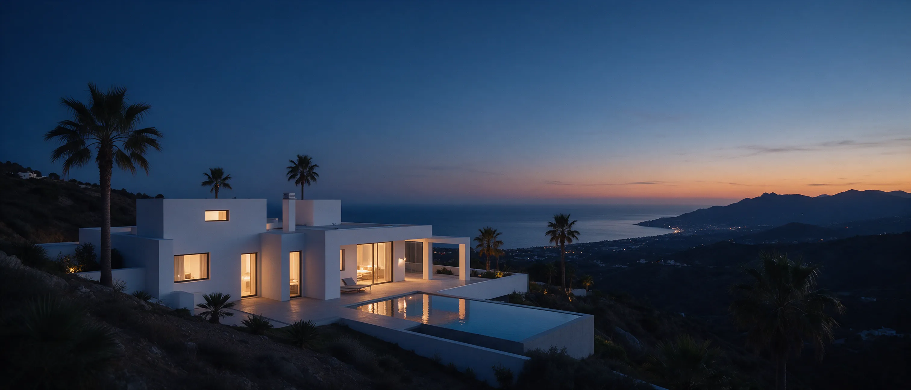 Casa modular con piscina infinita iluminada al anochecer en una ladera de Málaga