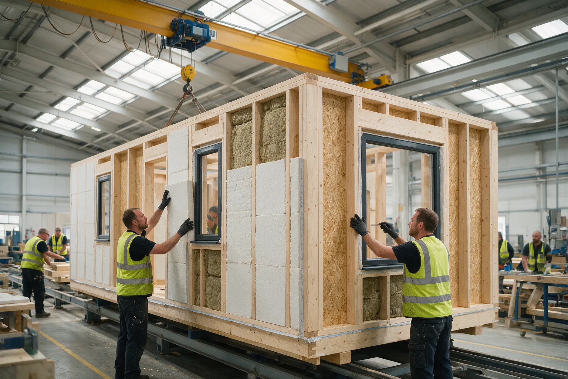 Operarios fabricando un módulo de casa modular con entramado de madera en una nave industrial