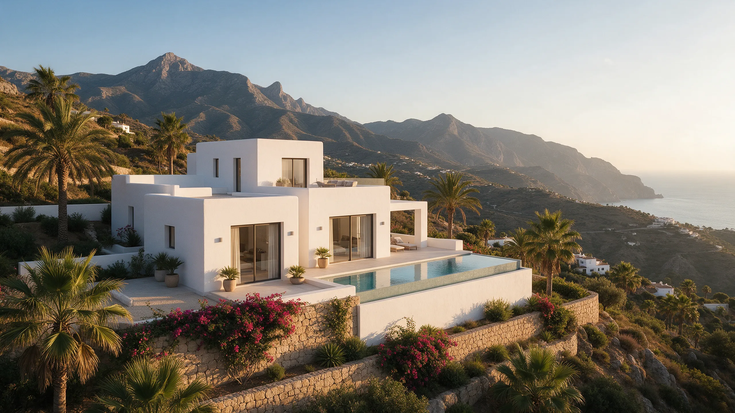 Casa modular blanca de estilo pueblo andaluz en una ladera de la Costa del Sol, con vistas al mar Mediterráneo