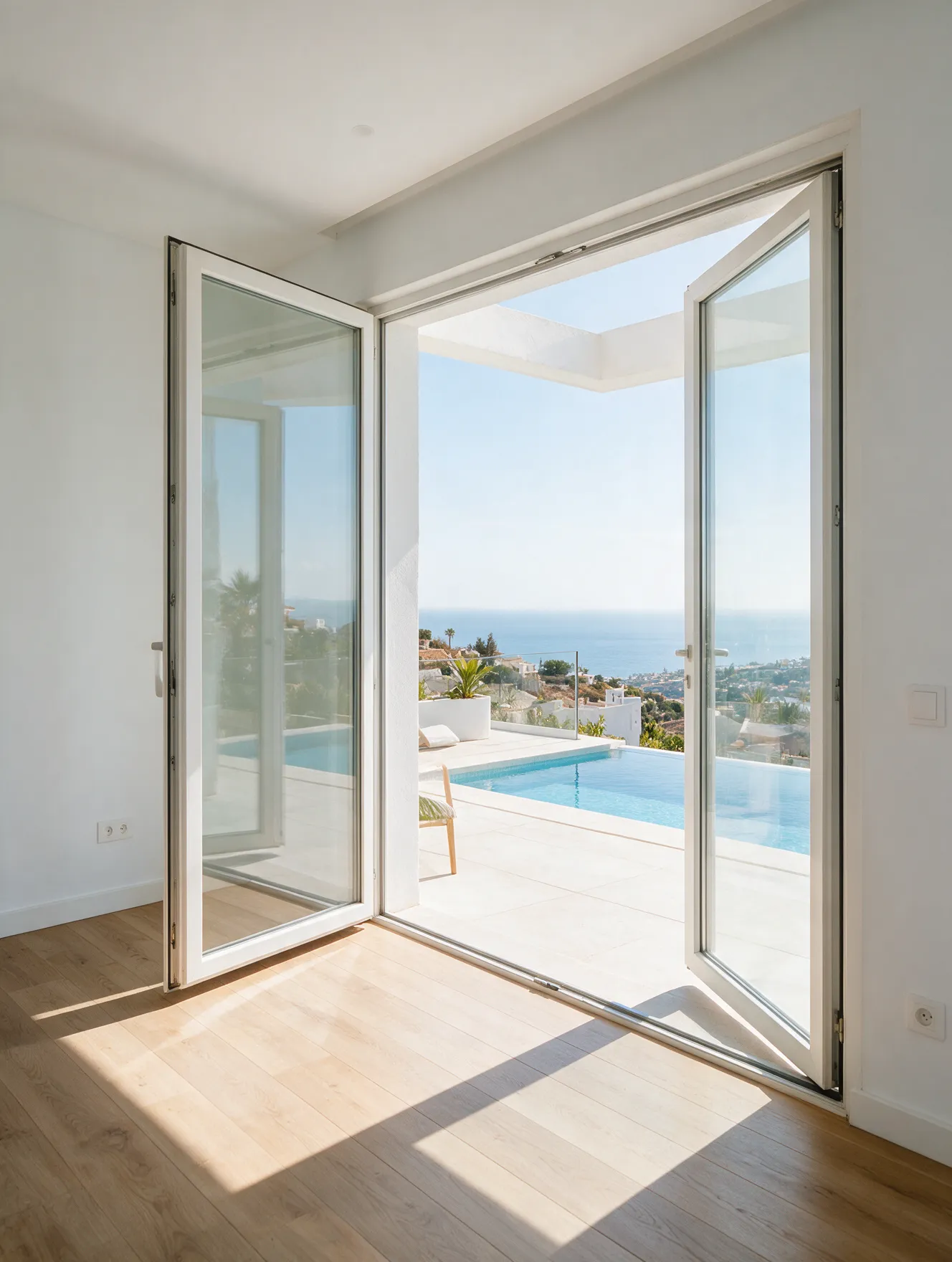 Salón luminoso de una casa modular en la Costa del Sol con piscina infinita y vistas al mar