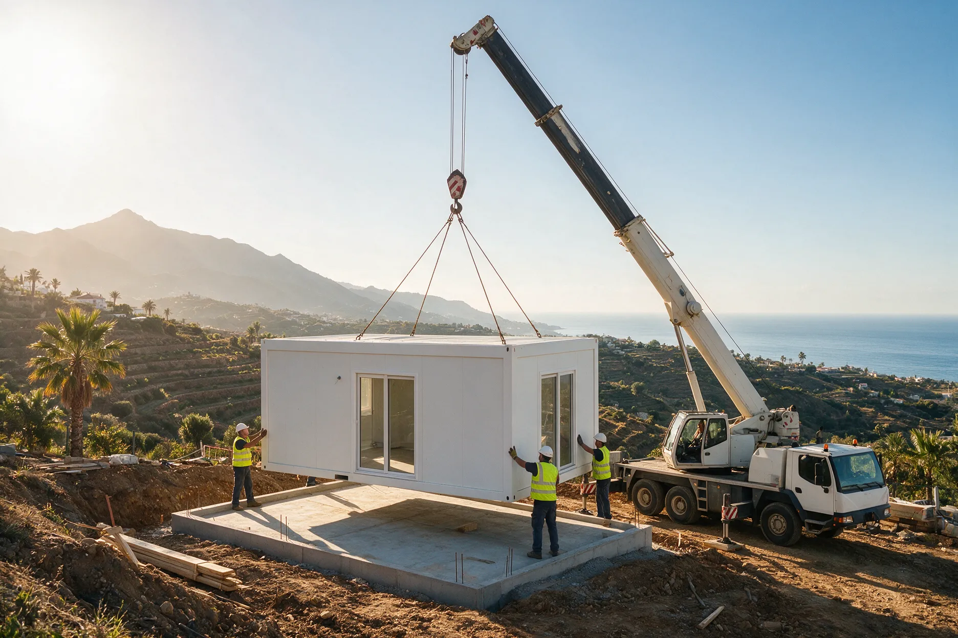 Grúa colocando un módulo de casa modular sobre la cimentación en una ladera de la Costa del Sol